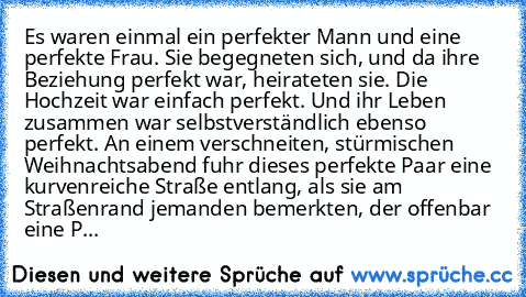 Es waren einmal ein perfekter Mann und eine perfekte Frau. Sie begegneten sich, und da ihre Beziehung perfekt war, heirateten sie. Die Hochzeit war einfach perfekt. Und ihr Leben zusammen war selbstverständlich ebenso perfekt. An einem verschneiten, stürmischen Weihnachtsabend fuhr dieses perfekte Paar eine kurvenreiche Straße entlang, als sie am Straßenrand jemanden bemerkten, der offenbar ein...