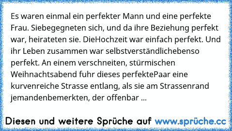 Es waren einmal ein perfekter Mann und eine perfekte Frau. Sie
begegneten sich, und da ihre Beziehung perfekt war, heirateten sie. Die
Hochzeit war einfach perfekt. Und ihr Leben zusammen war selbstverständlich
ebenso perfekt. 
An einem verschneiten, stürmischen Weihnachtsabend fuhr dieses perfekte
Paar eine kurvenreiche Strasse entlang, als sie am Strassenrand jemanden
bemerkten, der offenbar ...