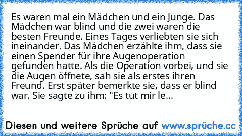 Es waren mal ein Mädchen und ein Junge. Das Mädchen war blind und die zwei waren die besten Freunde. Eines Tages verliebten sie sich ineinander. Das Mädchen erzählte ihm, dass sie einen Spender für ihre Augenoperation gefunden hatte. Als die Operation vorbei, und sie die Augen öffnete, sah sie als erstes ihren Freund. Erst später bemerkte sie, dass er blind war. Sie sagte zu ihm: "Es tut mir le...