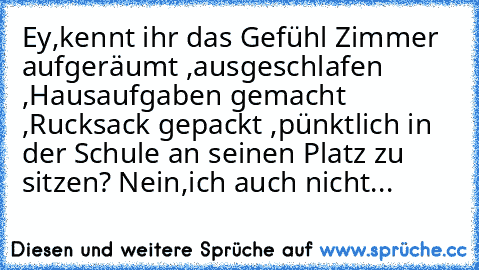 Ey,kennt ihr das Gefühl Zimmer aufgeräumt ,ausgeschlafen ,Hausaufgaben gemacht ,Rucksack gepackt ,pünktlich in der Schule an seinen Platz zu sitzen? 
Nein,ich auch nicht...