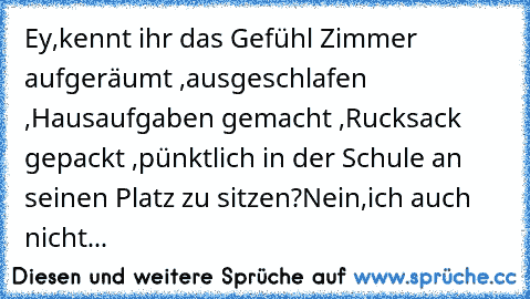 Ey,kennt ihr das Gefühl Zimmer aufgeräumt ,ausgeschlafen ,Hausaufgaben gemacht ,Rucksack gepackt ,pünktlich in der Schule an seinen Platz zu sitzen?
Nein,ich auch nicht...