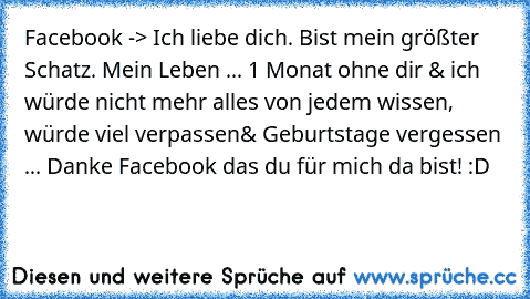 Facebook -> Ich liebe dich. Bist mein größter Schatz. Mein Leben ... 1 Monat ohne dir & ich würde nicht mehr alles von jedem wissen, würde viel verpassen& Geburtstage vergessen ... Danke Facebook das du für mich da bist! :D 