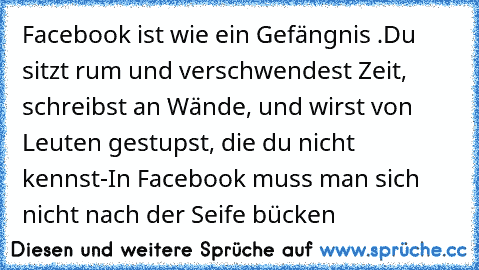 Facebook ist wie ein Gefängnis .Du sitzt rum und verschwendest Zeit, schreibst an Wände, und wirst von Leuten gestupst, die du nicht kennst
-In Facebook muss man sich nicht nach der Seife bücken