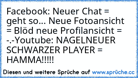 Facebook:
 Neuer Chat = geht so...
 Neue Fotoansicht = Blöd
 neue Profilansicht = -.-
Youtube:
 NAGELNEUER SCHWARZER PLAYER = HAMMA!!!!!