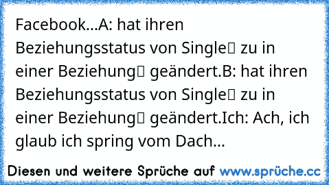 Facebook...
A: hat ihren Beziehungsstatus von „Single“ zu „in einer Beziehung“ geändert.
B: hat ihren Beziehungsstatus von „Single“ zu „in einer Beziehung“ geändert.
Ich: Ach, ich glaub ich spring vom Dach...