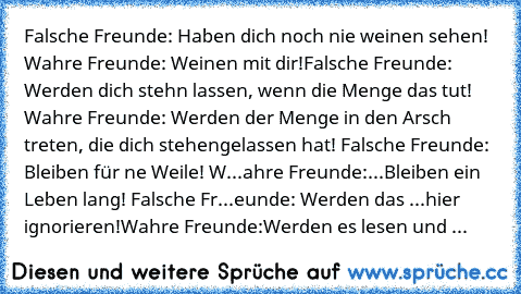 Falsche Freunde: Haben dich noch nie weinen sehen! Wahre Freunde: Weinen mit dir!Falsche Freunde: Werden dich stehn lassen, wenn die Menge das tut! Wahre Freunde: Werden der Menge in den Arsch treten, die dich stehengelassen hat! Falsche Freunde: Bleiben für ne Weile! W...ahre Freunde:...Bleiben ein Leben lang! Falsche Fr...eunde: Werden das ...hier ignorieren!Wahre Freunde:Werden es lesen und ...