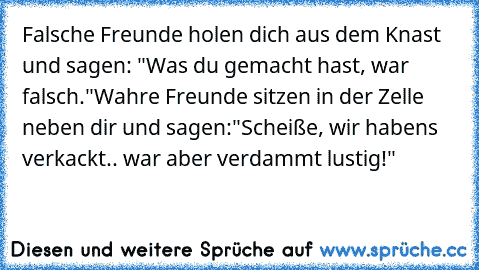 Falsche Freunde holen dich aus dem Knast und sagen: "Was du gemacht hast, war falsch."
Wahre Freunde sitzen in der Zelle neben dir und sagen:
"Scheiße, wir habens verkackt.. war aber verdammt lustig!"