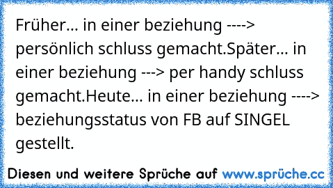 Früher... in einer beziehung ----> persönlich schluss gemacht.
Später... in einer beziehung ---> per handy schluss gemacht.
Heute... in einer beziehung ----> beziehungsstatus von FB auf SINGEL gestellt.