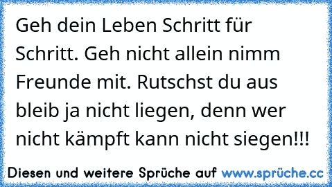 Geh dein Leben Schritt für Schritt. Geh nicht allein nimm Freunde mit. Rutschst du aus bleib ja nicht liegen, denn wer nicht kämpft kann nicht siegen!!!