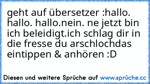 geht auf übersetzer :
hallo. hallo. hallo.
nein. ne jetzt bin ich beleidigt.
ich schlag dir in die fresse du arschloch
das eintippen & anhören :D