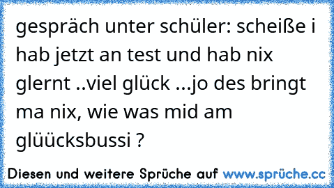 gespräch unter schüler: scheiße i hab jetzt an test und hab nix glernt ..viel glück ...jo des bringt ma nix, wie was mid am glüücksbussi ?