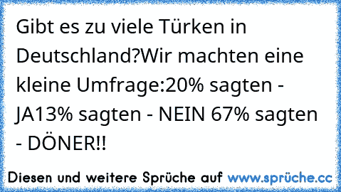Gibt es zu viele Türken in Deutschland?
Wir machten eine kleine Umfrage:
20% sagten - JA
13% sagten - NEIN 
67% sagten - DÖNER!!