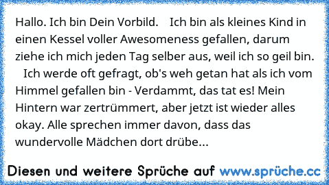 Hallo. Ich bin Dein Vorbild.
    Ich bin als kleines Kind in einen Kessel voller Awesomeness gefallen, darum ziehe ich mich jeden Tag selber aus, weil ich so geil bin.
    Ich werde oft gefragt, ob's weh getan hat als ich vom Himmel gefallen bin - Verdammt, das tat es! Mein Hintern war zertrümmert, aber jetzt ist wieder alles okay. Alle sprechen immer davon, dass das wundervolle Mädchen dort drübe...