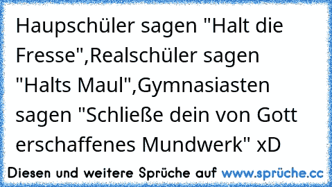 Haupschüler sagen "Halt die Fresse",Realschüler sagen "Halt´s Maul",Gymnasiasten sagen "Schließe dein von Gott erschaffenes Mundwerk" xD