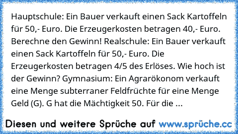 Hauptschule: Ein Bauer verkauft einen Sack Kartoffeln für 50,- Euro. Die Erzeugerkosten betragen 40,- Euro. Berechne den Gewinn! Realschule: Ein Bauer verkauft einen Sack Kartoffeln für 50,- Euro. Die Erzeugerkosten betragen 4/5 des Erlöses. Wie hoch ist der Gewinn? Gymnasium: Ein Agrarökonom verkauft eine Menge subterraner Feldfrüchte für eine Menge Geld (G). G hat die Mächtigkeit 50. Für die ...