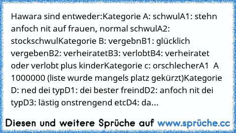 Hawara sind entweder:
Kategorie A: schwul
A1: stehn anfoch nit auf frauen, normal schwul
A2: stockschwul
Kategorie B: vergebn
B1: glücklich vergeben
B2: verheiratet
B3: verlobt
B4: verheiratet oder verlobt plus kinder
Kategorie c: orschlecher
A1 – A 1000000 (liste wurde mangels platz gekürzt)
Kategorie D: ned dei typ
D1: dei bester freind
D2: anfoch nit dei typ
D3: lästig onstrengend etc
D4: da...