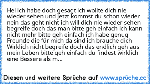 Hei ich habe doch gesagt ich wollte dich nie wieder sehen und jetzt kommst du schon wieder nein das geht nicht ich will dich nie wieder sehen begreife doch das man bitte geh einfach ich kann nicht mehr bitte geh einfach ich habe genug Freunde die für mich da sind ich brauche dich Wirklich nicht begreife doch das endlich geh aus mein Leben bitte geh einfach du findest wirklich eine Bessere als m...