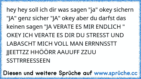 hey hey soll ich dir was sagen "ja" okey sichern "JA" genz sicher "JA" okey aber du darfst das keinen sagen "JA VERATE ES MIR ENDLICH " OKEY ICH VERATE ES DIR DU STRESST UND LABASCHT MICH VOLL MAN ERRNNSSTT JJEETTZZ HHÖÖRR AAUUFF ZZUU SSTTRREESSEEN