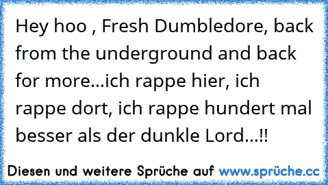 Hey hoo , Fresh Dumbledore, back from the underground and back for more...ich rappe hier, ich rappe dort, ich rappe hundert mal besser als der dunkle Lord...!!