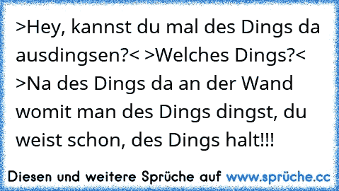 >Hey, kannst du mal des Dings da ausdingsen?< >Welches Dings?< >Na des Dings da an der Wand womit man des Dings dingst, du weist schon, des Dings halt!!!