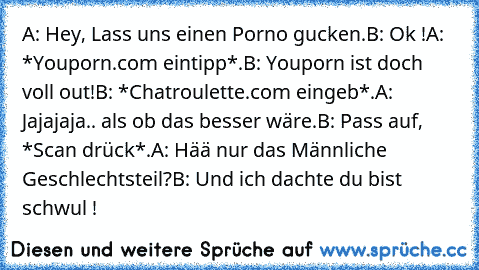 A: Hey, Lass uns einen Porno gucken.
B: Ok !
A: *Youporn.com eintipp*.
B: Youporn ist doch voll out!
B: *Chatroulette.com eingeb*.
A: Jajajaja.. als ob das besser wäre.
B: Pass auf, *Scan drück*.
A: Hää nur das Männliche Geschlechtsteil?
B: Und ich dachte du bist schwul !