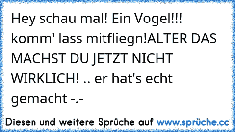 Hey schau mal! Ein Vogel!!! komm' lass mitfliegn!
ALTER DAS MACHST DU JETZT NICHT WIRKLICH! .. er hat's echt gemacht -.-