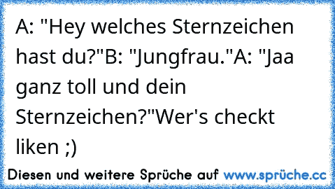 A: "Hey welches Sternzeichen hast du?"
B: "Jungfrau."
A: "Jaa ganz toll und dein Sternzeichen?"
Wer's checkt liken ;)