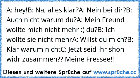 A: hey!
B: Na, alles klar?
A: Nein bei dir?
B: Auch nicht warum du?´
A: Mein Freund wollte mich nicht mehr :( du?
B: Ich wollte sie nicht mehr
A: Willst du mich?´
B: Klar warum nicht
C: Jetzt seid ihr shon widr zusammen?? Meine Fressee!!