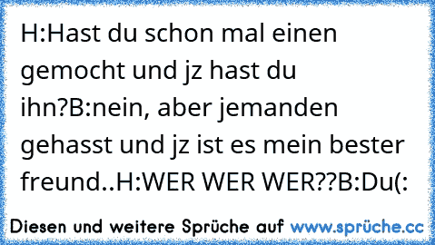 H:Hast du schon mal einen gemocht und jz hast du ihn?
B:nein, aber jemanden gehasst und jz ist es mein bester freund..
H:WER WER WER??
B:Du(: