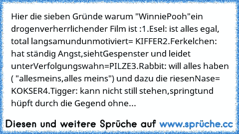 Hier die sieben Gründe warum "Winnie
Pooh"
ein drogenverherrlichender Film ist :
1.Esel: ist alles egal, total langsam
und
unmotiviert
= KIFFER
2.Ferkelchen: hat ständig Angst,sieht
Gespenster und leidet unter
Verfolgungswahn
=PILZE
3.Rabbit: will alles haben ( "alles
meins,alles meins") und dazu die riesen
Nase
= KOKSER
4.Tigger: kann nicht still stehen,
springt
und hüpft durch die Gegend ohne...