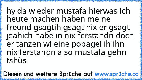 hy da wieder mustafa hier
was ich heute machen haben meine freund gsagt
ih gsagt nix er gsagt jeah
ich habe in nix ferstandn doch er tanzen wi eine popagei ih ihn nix ferstandn also mustafa gehn 
tshüs