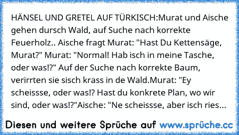 HÄNSEL UND GRETEL AUF TÜRKISCH:
Murat und Aische gehen dursch Wald, auf Suche nach korrekte Feuerholz.. Aische fragt Murat: "Hast Du Kettensäge, Murat?" Murat: "Normal! Hab isch in meine Tasche, oder was!?" Auf der Suche nach korrekte Baum, verirrten sie sisch krass in de Wald.
Murat: "Ey scheissse, oder was!? Hast du konkrete Plan, wo wir sind, oder was!?"
Aische: "Ne scheissse, aber isch ries...