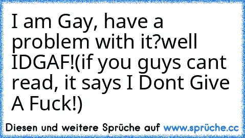 I am Gay, have a problem with it?
well IDGAF!
(if you guys cant read, it says I Dont Give A Fuck!)