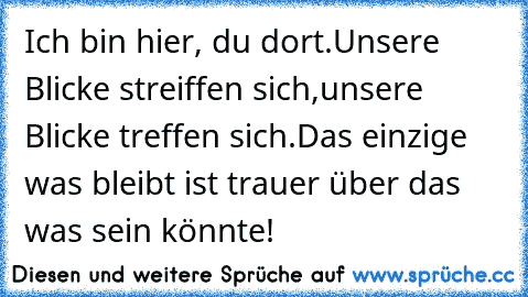 Ich bin hier, du dort.
Unsere Blicke streiffen sich,
unsere Blicke treffen sich.
Das einzige was bleibt ist trauer über das was sein könnte!