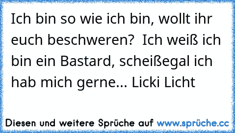 Ich bin so wie ich bin, wollt ihr euch beschweren?  Ich weiß ich bin ein Bastard, scheißegal ich hab mich gerne... Licki Licht