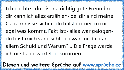 Ich dachte:
- du bist ne richtig gute Freundin
- dir kann ich alles erzählen
- bei dir sind meine Geheimnisse sicher
- du hälst immer zu mir, egal was kommt. 
Fakt ist:
- alles war gelogen
- du hast mich verarscht
- ich war für dich an allem Schuld.
und Warum?... Die Frage werde ich nie beantwortet bekommen..