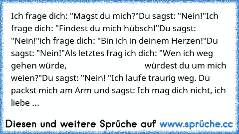 Ich frage dich: "Magst du mich?"
Du sagst: "Nein!"
Ich frage dich: "Findest du mich hübsch!"
Du sagst: "Nein!"
ich frage dich: "Bin ich in deinem Herzen!"
Du sagst: "Nein!"
Als letztes frag ich dich: "Wen ich weg gehen würde,
                                       würdest du um mich weien?"
Du sagst: "Nein! "
Ich laufe traurig weg. Du packst mich am Arm und sagst: Ich mag dich nicht, ich liebe ...