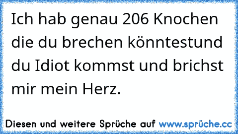 Ich hab genau 206 Knochen die du brechen könntest
und du Idiot kommst und brichst mir mein Herz.