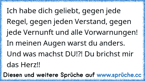 Ich habe dich geliebt, gegen jede Regel, gegen jeden Verstand, gegen jede Vernunft und alle Vorwarnungen! In meinen Augen warst du anders. Und was machst DU!?! Du brichst mir das Herz!!