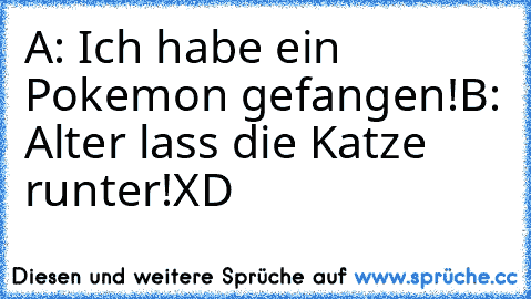 A: Ich habe ein Pokemon gefangen!
B: Alter lass die Katze runter!
XD