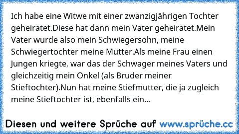 Ich habe eine Witwe mit einer zwanzigjährigen Tochter geheiratet.
Diese hat dann mein Vater geheiratet.
Mein Vater wurde also mein Schwiegersohn, meine Schwiegertochter meine Mutter.
Als meine Frau einen Jungen kriegte, war das der Schwager meines Vaters und gleichzeitig mein Onkel (als Bruder meiner Stieftochter).
Nun hat meine Stiefmutter, die ja zugleich meine Stieftochter ist, ebenfalls ein...