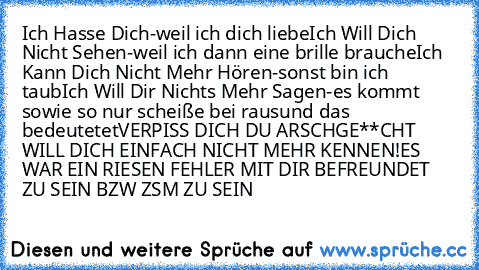 Ich Hasse Dich-weil ich dich liebe
Ich Will Dich Nicht Sehen-weil ich dann eine brille brauche
Ich Kann Dich Nicht Mehr Hören-sonst bin ich taub
Ich Will Dir Nichts Mehr Sagen-es kommt sowie so nur scheiße bei raus
und das bedeutetet
VERPISS DICH DU ARSCHGE**CHT WILL DICH EINFACH NICHT MEHR KENNEN!ES WAR EIN RIESEN FEHLER MIT DIR BEFREUNDET ZU SEIN BZW ZSM ZU SEIN