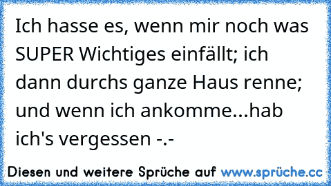 Ich hasse es, wenn mir noch was SUPER Wichtiges einfällt; ich dann durchs ganze Haus renne; und wenn ich ankomme...hab ich's vergessen -.-