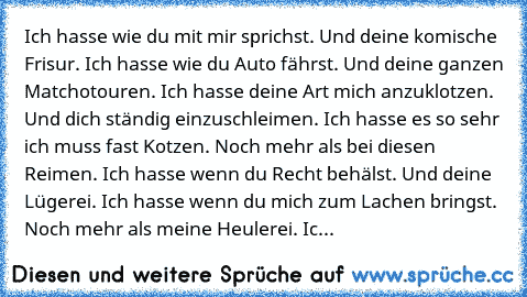 Ich hasse wie du mit mir sprichst. Und deine komische Frisur. Ich hasse wie du Auto fährst. Und deine ganzen Matchotouren. Ich hasse deine Art mich anzuklotzen. Und dich ständig einzuschleimen. Ich hasse es so sehr ich muss fast Kotzen. Noch mehr als bei diesen Reimen. Ich hasse wenn du Recht behälst. Und deine Lügerei. Ich hasse wenn du mich zum Lachen bringst. Noch mehr als meine Heulerei. Ic...