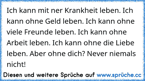 Ich kann mit ner Krankheit leben. Ich kann ohne Geld leben. Ich kann ohne viele Freunde leben. Ich kann ohne Arbeit leben. Ich kann ohne die Liebe leben. Aber ohne dich? Never niemals nicht!