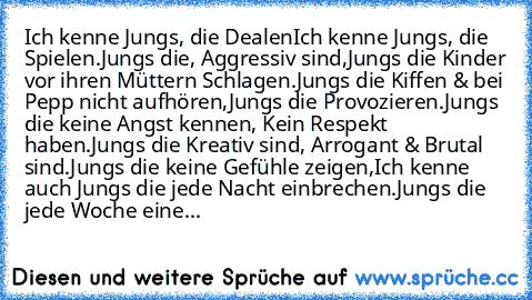 Ich kenne Jungs, die Dealen
Ich kenne Jungs, die Spielen.
Jungs die, Aggressiv sind,
Jungs die Kinder vor ihren Müttern Schlagen.
Jungs die Kiffen & bei Pepp nicht aufhören,
Jungs die Provozieren.
Jungs die keine Angst kennen, Kein Respekt haben.
Jungs die Kreativ sind, Arrogant & Brutal sind.
Jungs die keine Gefühle zeigen,
Ich kenne auch Jungs die jede Nacht einbrechen.
Jungs die jede Woche e...