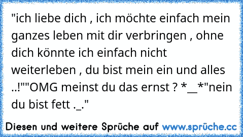 "ich liebe dich , ich möchte einfach mein ganzes leben mit dir verbringen , ohne dich könnte ich einfach nicht weiterleben , du bist mein ein und alles ..!"
"OMG meinst du das ernst ? *__*
"nein du bist fett ._."