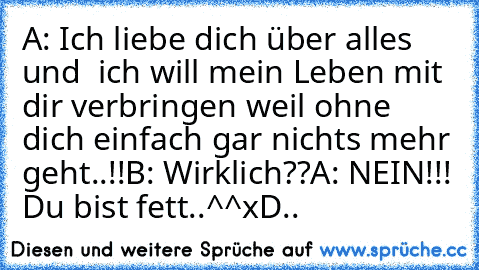 A: Ich liebe dich über alles und  ich will mein Leben mit dir verbringen weil ohne dich einfach gar nichts mehr geht..!!♥
B: Wirklich??
A: NEIN!!! Du bist fett..^^
xD..