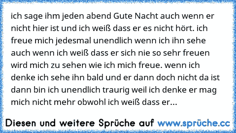 ich sage ihm jeden abend Gute Nacht auch wenn er nicht hier ist und ich weiß dass er es nicht hört. ich freue mich jedesmal unendlich wenn ich ihn sehe auch wenn ich weiß dass er sich nie so sehr freuen wird mich zu sehen wie ich mich freue. wenn ich denke ich sehe ihn bald und er dann doch nicht da ist dann bin ich unendlich traurig weil ich denke er mag mich nicht mehr obwohl ich weiß dass er...