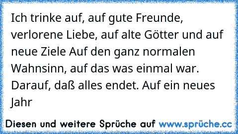 Ich trinke auf, auf gute Freunde, verlorene Liebe, auf alte Götter und auf neue Ziele Auf den ganz normalen Wahnsinn, auf das was einmal war. Darauf, daß alles endet. Auf ein neues Jahr